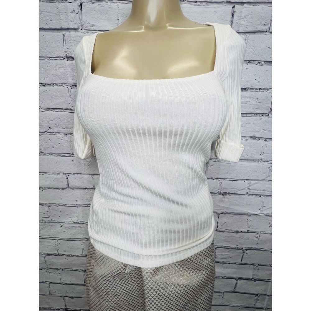 Reformation Womens Cream Y2K Leanne Square Neck 3/4 Sleeves Fitted‎ Tops Small